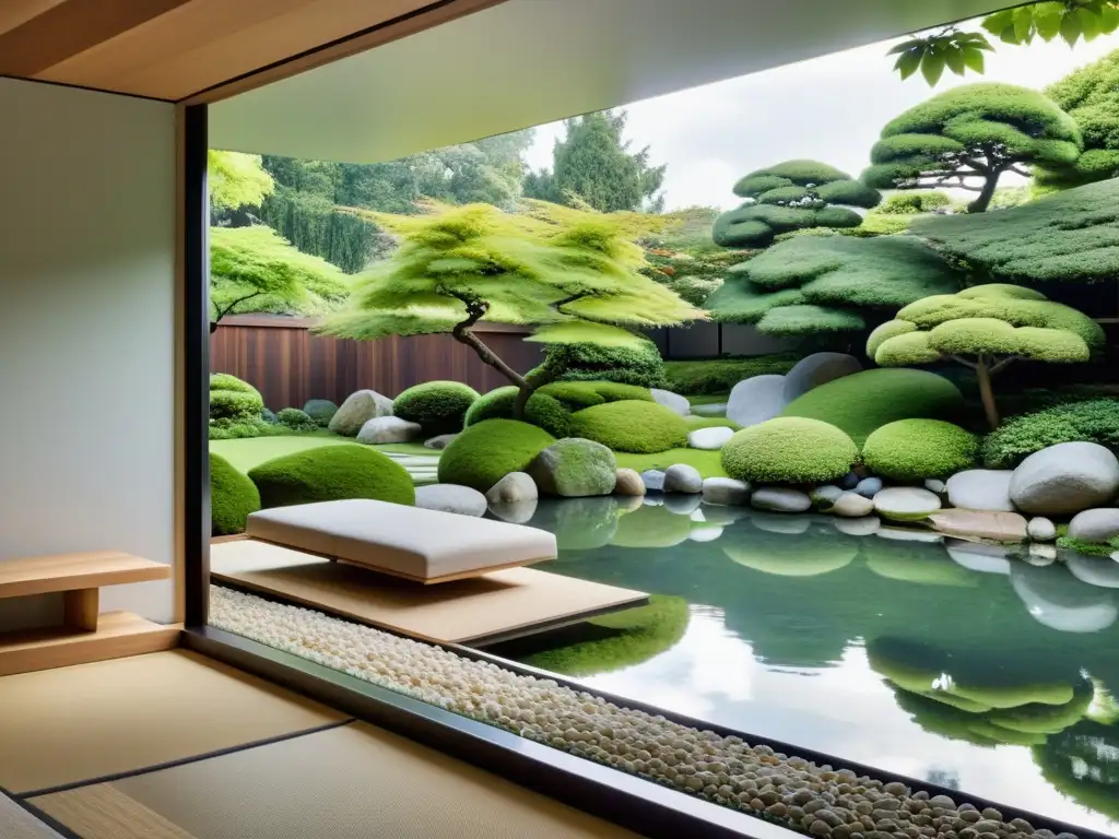 Colocación de espejos en Feng Shui: Espejo sin marco reflejando un sereno jardín japonés, creando la ilusión de un espacio ampliado y armonioso