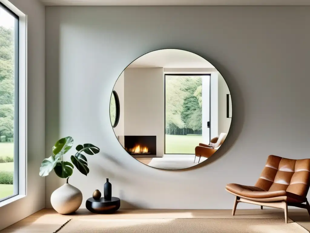 Colocación de espejos en Feng Shui: Espejo redondo en la pared blanca refleja un salón minimalista con luz natural y sensación de amplitud