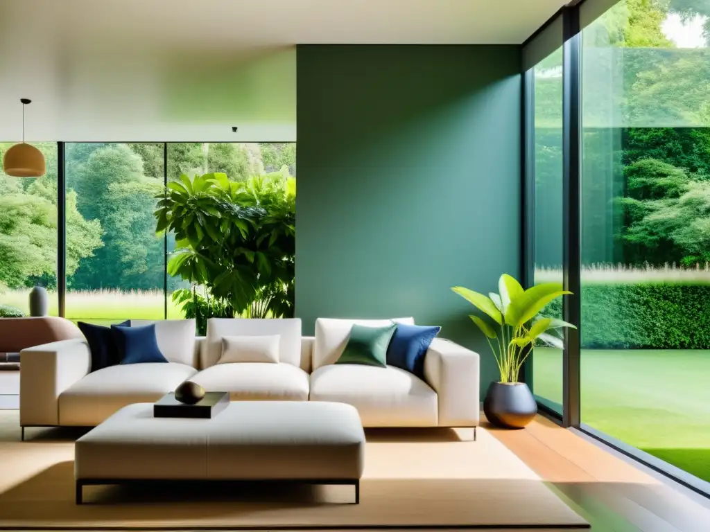 Colocación estratégica espejos Feng Shui: Amplio espejo sin marco en sala soleada, refleja naturaleza, aporta modernidad y flujo de energía