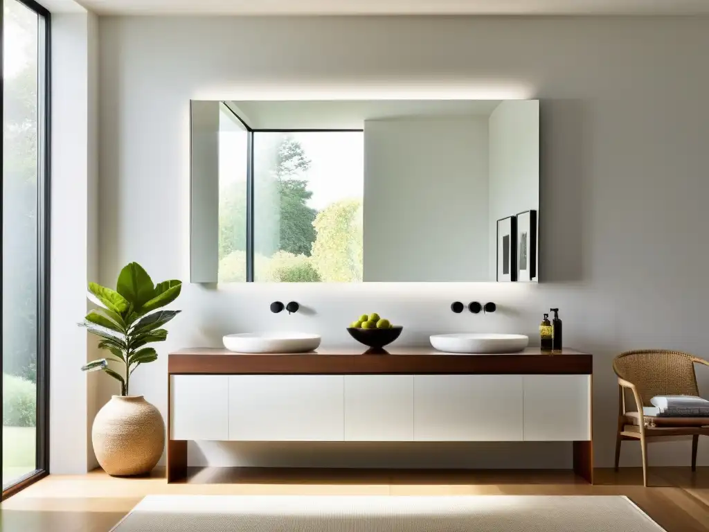 Colocación estratégica espejos Feng Shui: Espejo rectangular sin marco en pared blanca, reflejando espacio sereno y promoviendo armonía y equilibrio