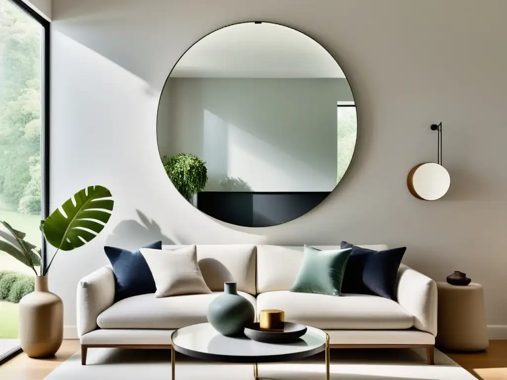 Colocación estratégica de espejos Feng Shui: Reflejo de un salón minimalista con armonía y amplitud, iluminado por luz natural