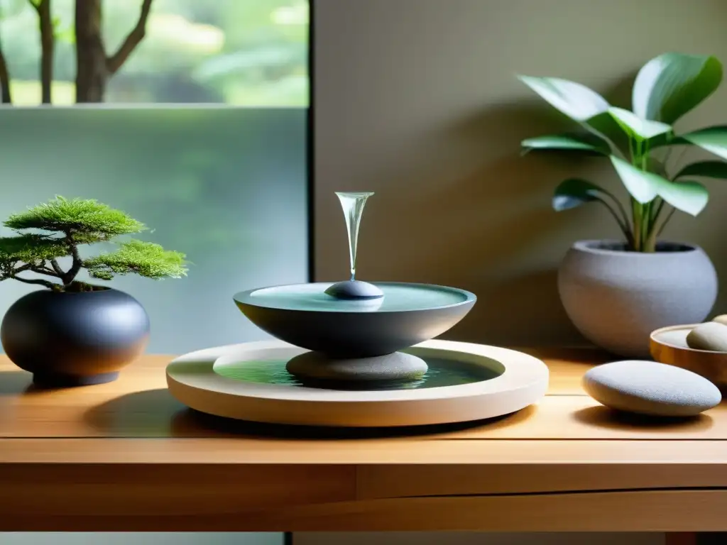 Colocación fuentes agua para prosperidad: Fuente interior minimalista en mesa de madera, con jardín japonés sereno de fondo