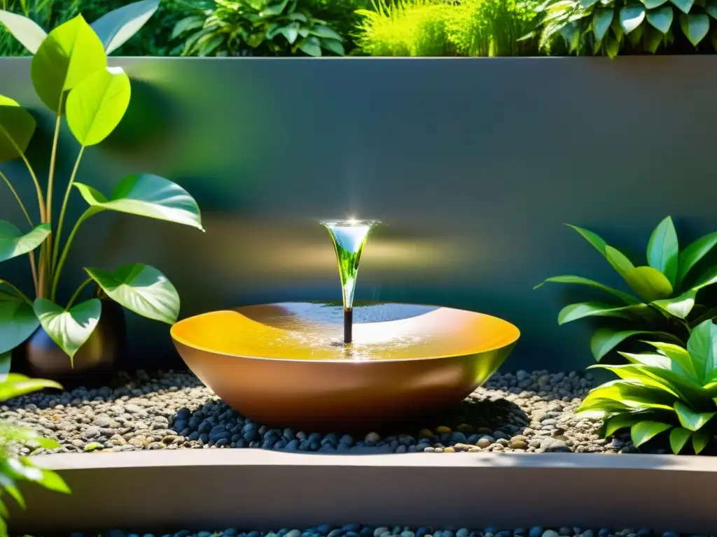 Colocación de fuentes de agua para prosperidad en jardín sereno con vegetación exuberante y luz solar filtrándose entre las hojas