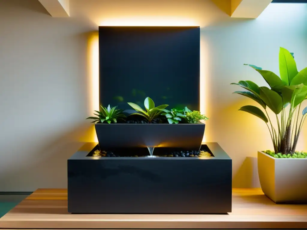 Colocación fuentes agua para prosperidad: Fuente interior de piedra negra pulida con cascadas tranquilas y ambiente sereno iluminado