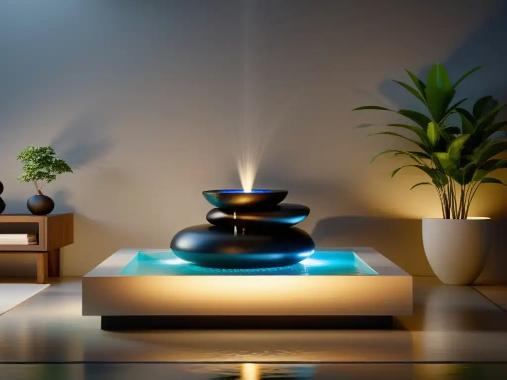 Colocación de fuentes de agua para prosperidad: Fuente interior minimalista con elegante pilar de agua y suaves reflejos en la habitación