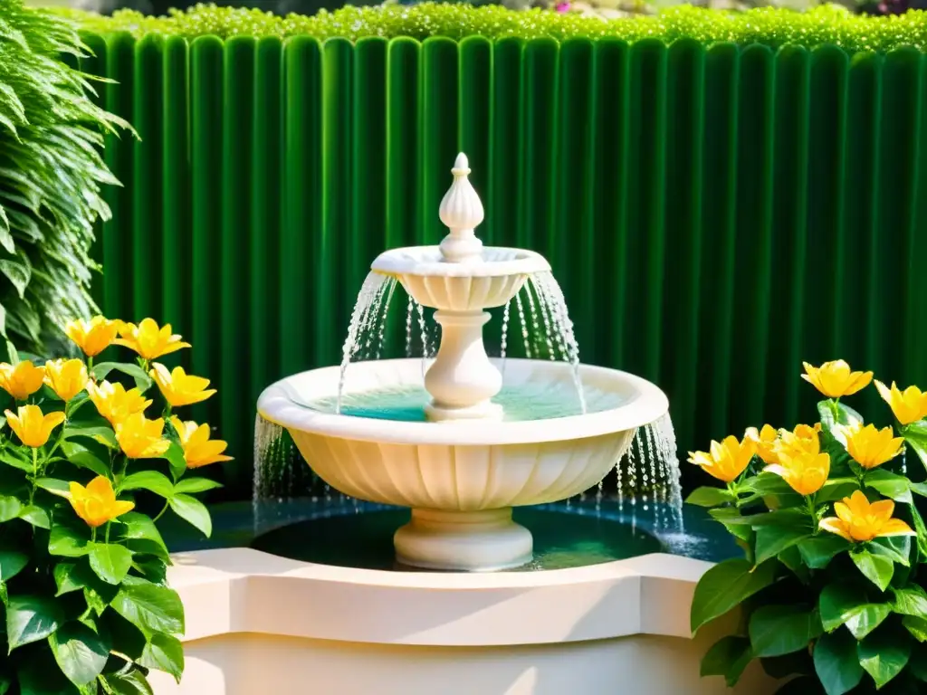 Colocación de fuentes de agua Feng Shui en jardín tranquilo con fuente de mármol, naturaleza exuberante y luz solar filtrada entre las hojas