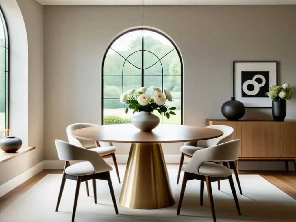 Un comedor amplio y minimalista con diseño armonizado comedor Feng Shui, mesa redonda de madera y sillas modernas