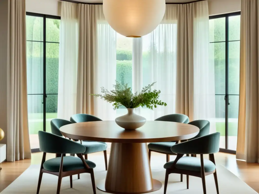 Un comedor armonioso en diseño Feng Shui con una atmósfera serena y equilibrada, realzada por una decoración elegante y natural