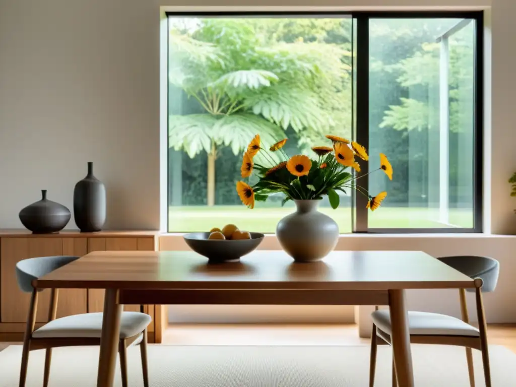 Un comedor armonizado según los principios del Feng Shui: una mesa y sillas de madera, elementos cuidadosamente colocados y luz natural