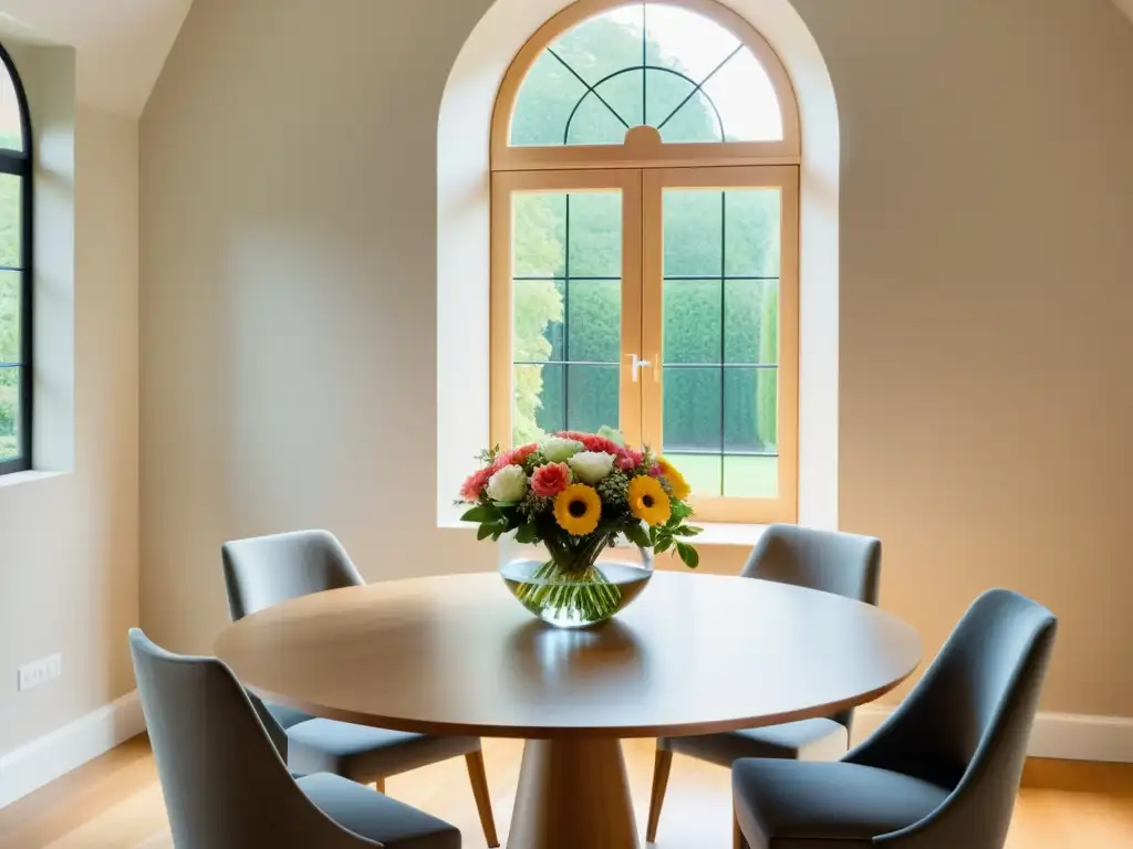 Un comedor elegante y minimalista con una mesa redonda preparada para una comida compartida en tonos suaves de beige y madera clara