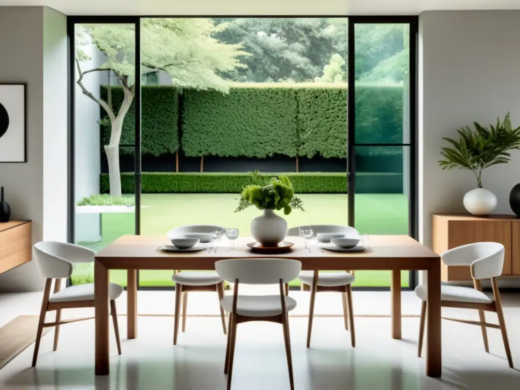 Un comedor minimalista con diseño armonizado y comedor Feng Shui, en tonos neutros y luz natural