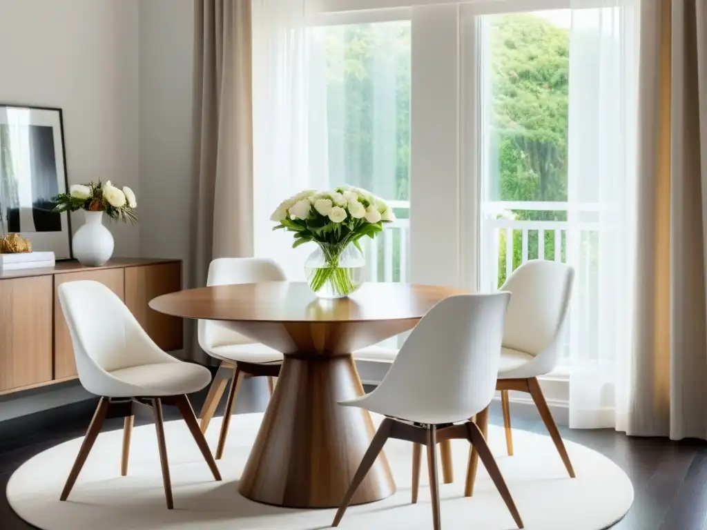 Un comedor minimalista y elegante con armonía en el diseño, rodeado de sillas modernas blancas y una mesa redonda de madera