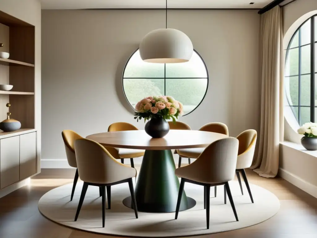 Un comedor minimalista con elementos de Feng Shui: mesa redonda, sillas cómodas, luz natural y armonía en la decoración