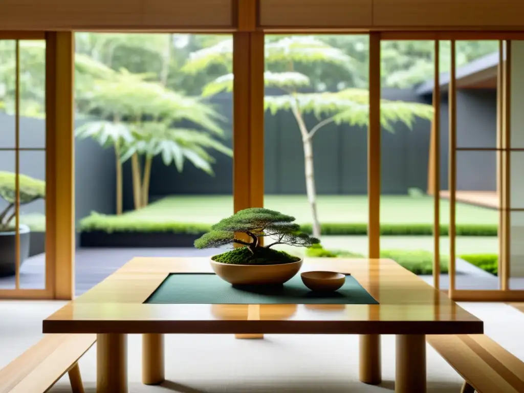 Un comedor minimalista de madera con vajilla de bambú y un bonsái, iluminado por la luz natural