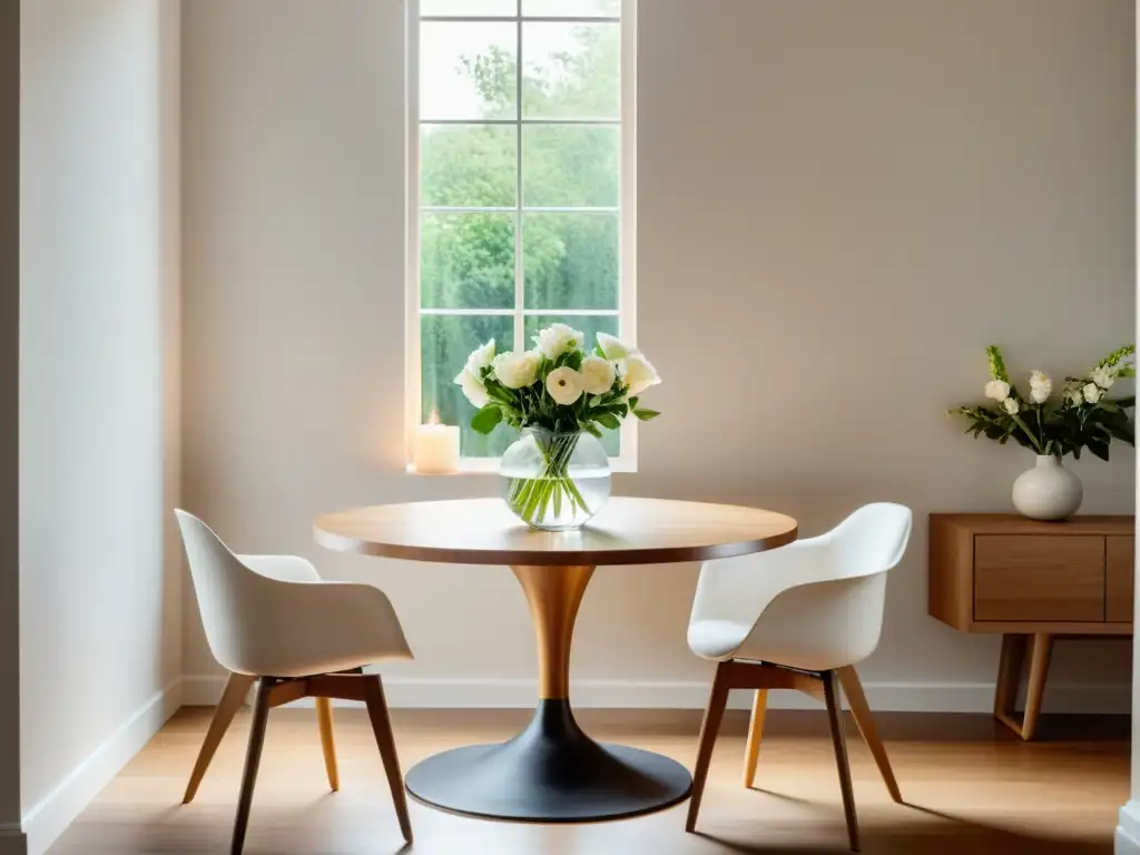 Un comedor minimalista con mesa redonda de madera, sillas blancas, flores frescas y vela encendida