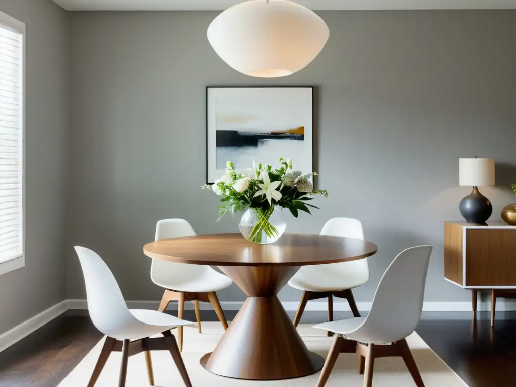 Un comedor minimalista con mesa redonda de madera rodeada de sillas blancas modernas