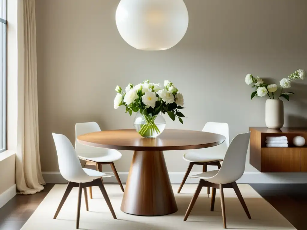 Un comedor minimalista con mesa redonda de madera rodeada por sillas blancas