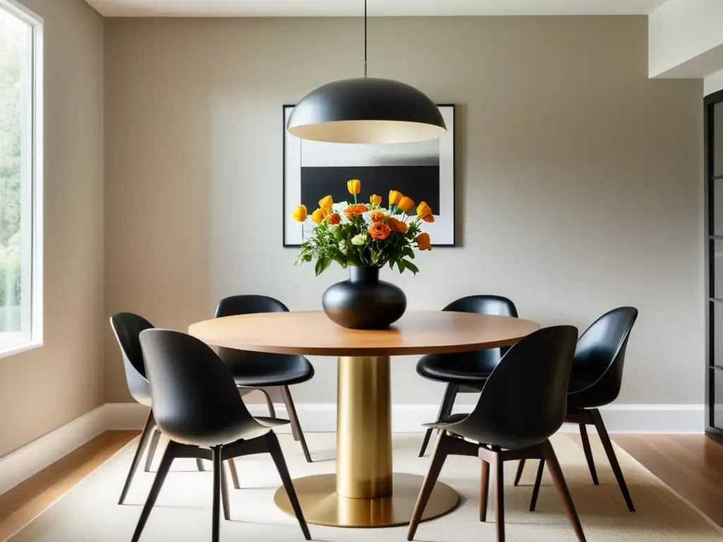 Comedor minimalista con armonía Feng Shui, mesa redonda de madera, sillas negras y flores frescas en jarrón de vidrio