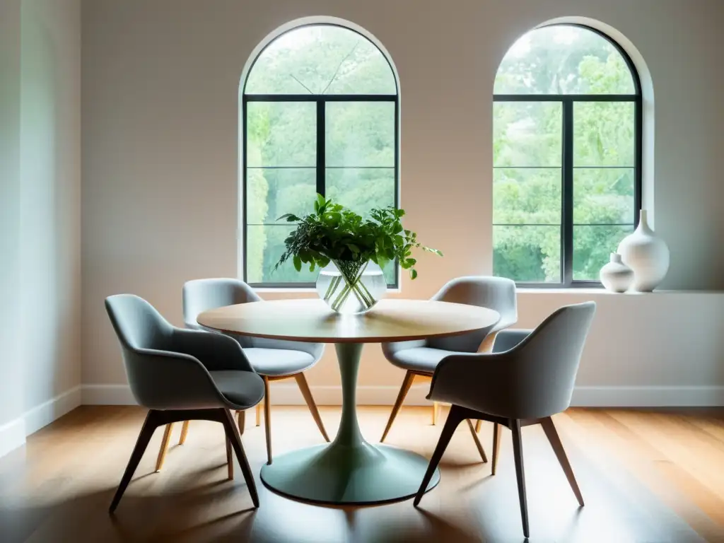 Un comedor minimalista con armonía Feng Shui, rodeado de luz natural y elegancia, invita a relaciones armoniosas