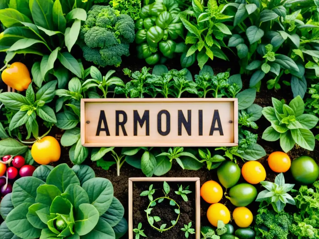 Un jardín comestible para armonía: frutas, verduras y hierbas en simetría, con colores vivos y una atmósfera serena