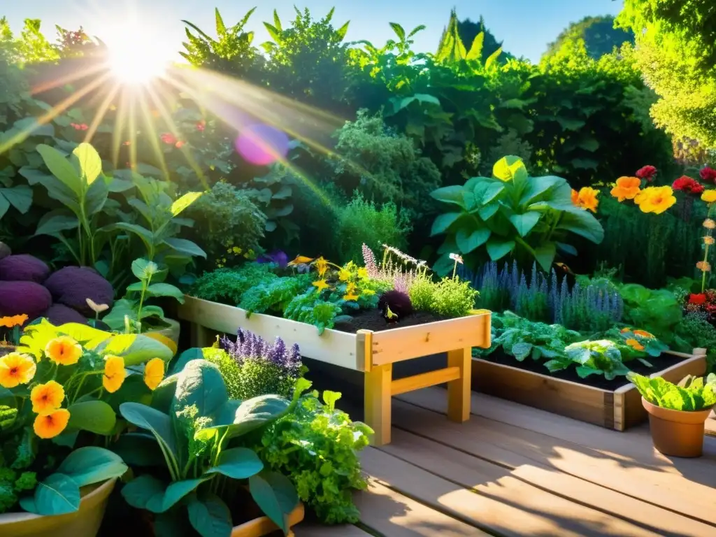 Un jardín comestible exuberante y armonioso con frutas, verduras y hierbas coloridas, bañado por la luz del sol