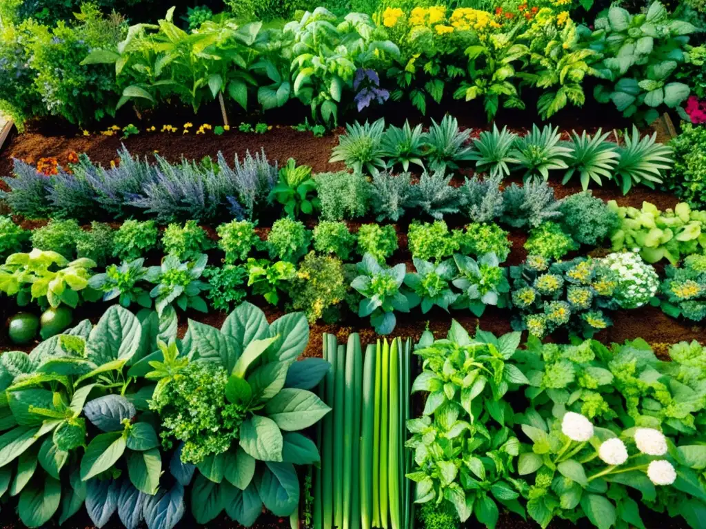 Un jardín comestible rebosante de vida y armonía, con filas de vegetales, frutas y hierbas en perfecta sintonía con la naturaleza