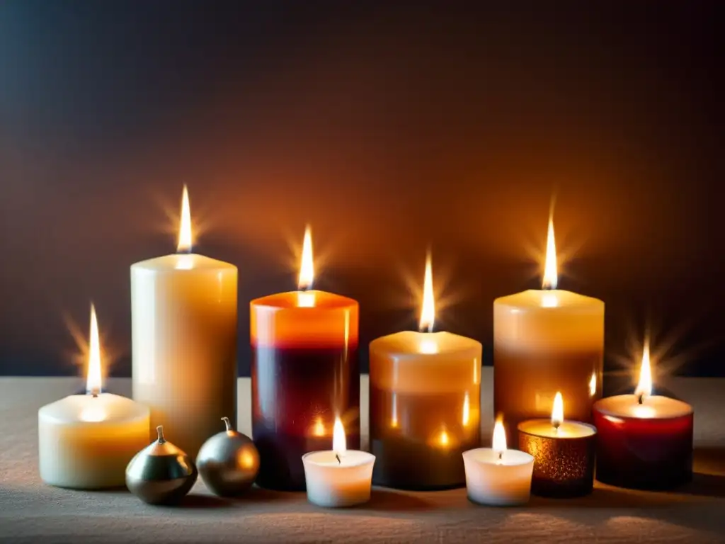 Una composición armoniosa de velas cálidas y formas variadas, iluminadas por un suave resplandor, activar la pasión con velas