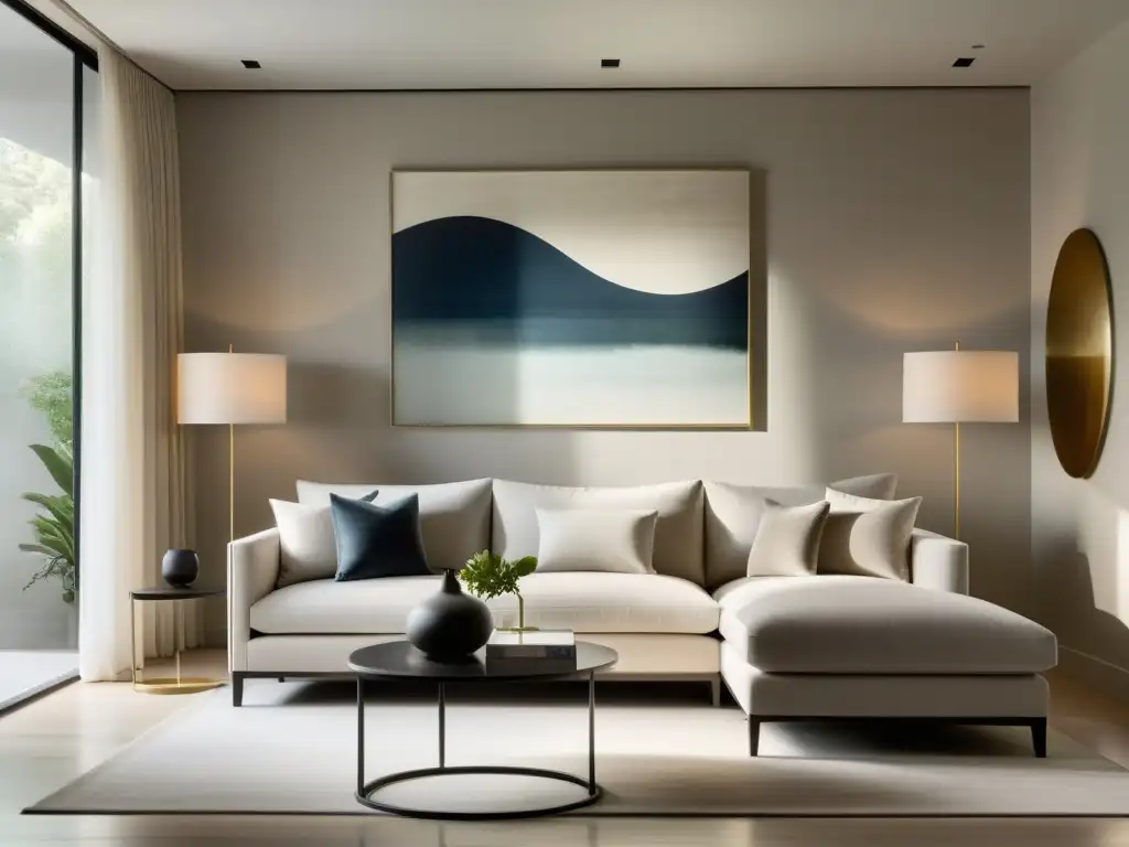 Diseño con conciencia Feng Shui: Sala minimalista serena con luz natural suave, muebles de líneas limpias y arte abstracto