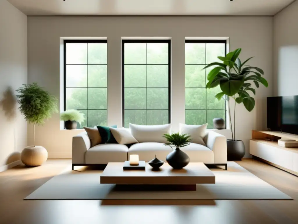 Diseño con conciencia Feng Shui: Sala de estar minimalista con equilibrio, luz natural y armonía