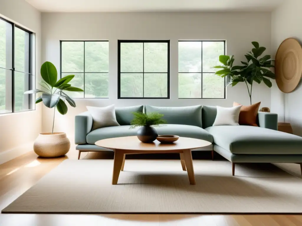 Diseño con conciencia Feng Shui: Sala de estar minimalista y tranquila con tonos suaves y materiales naturales, iluminada por luz natural