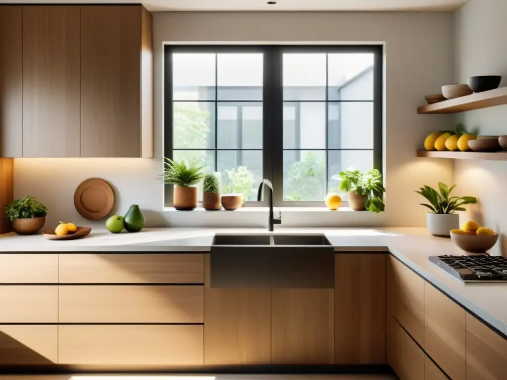 Consejos Feng Shui para cocinas pequeñas: Cocina minimalista con luz natural, plantas y frutas frescas en un ambiente tranquilo y armonioso