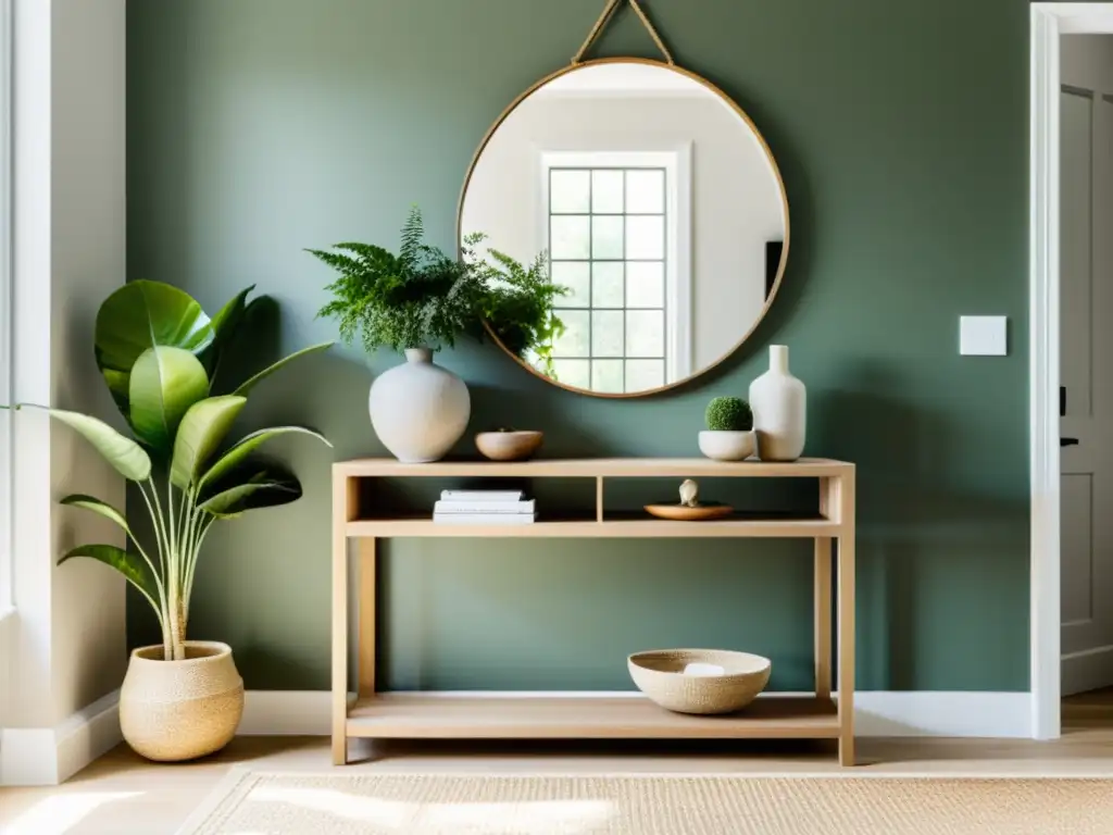 Consejos Feng Shui para armonizar entrada: Entrada minimalista con muebles y decoración equilibrados, reflejos de luz y plantas verdes