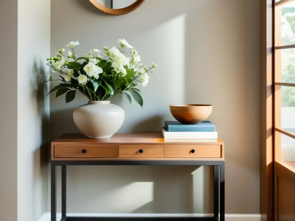 Consejos Feng Shui para armonizar entrada: una entrada serena y minimalista con una mesa de madera, flores frescas, bonsái y libros