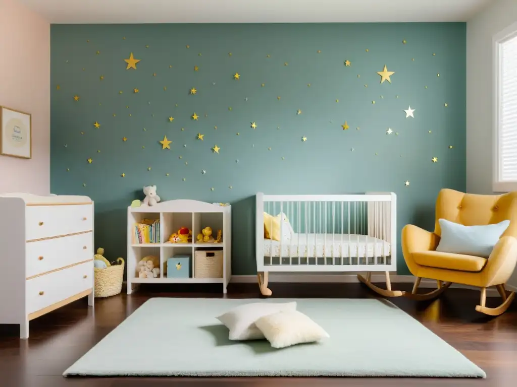 Consejos Feng Shui habitación infantil: cuna blanca, móvil de estrellas y lunas, luz natural, ambiente sereno y armonioso