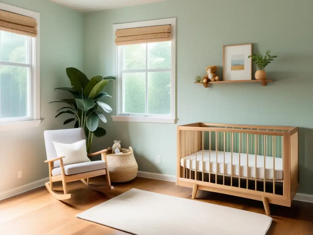 Consejos Feng Shui habitación infantil: Sereno vivero minimalista con muebles de madera natural, mecedora acogedora y suaves tonos pastel