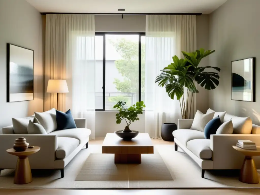 Consejos Feng Shui iluminación hogar: Sala minimalista tranquila con luz suave y elementos Feng Shui para armonía