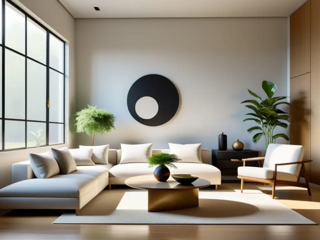 Consejos Feng Shui para armonía hogar: Sala de estar minimalista y serena con equilibrio, tonos neutros y elementos Feng Shui