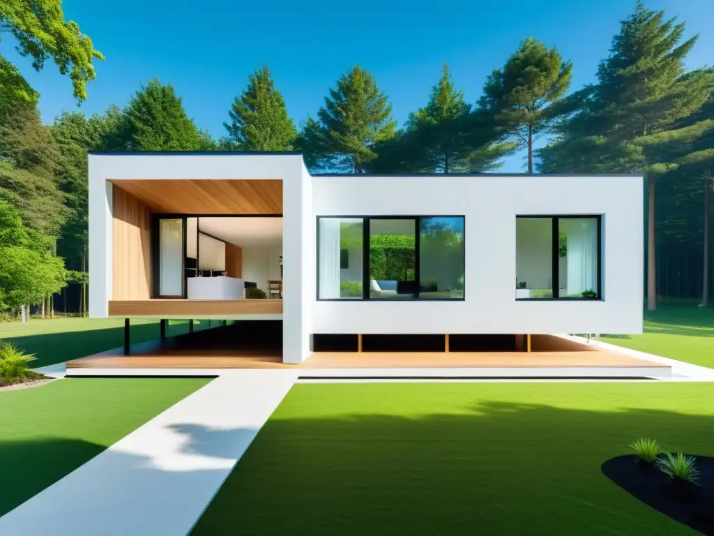 Construcciones modulares con feng shui: hogar minimalista futurista con líneas limpias, grandes ventanas y ambiente natural