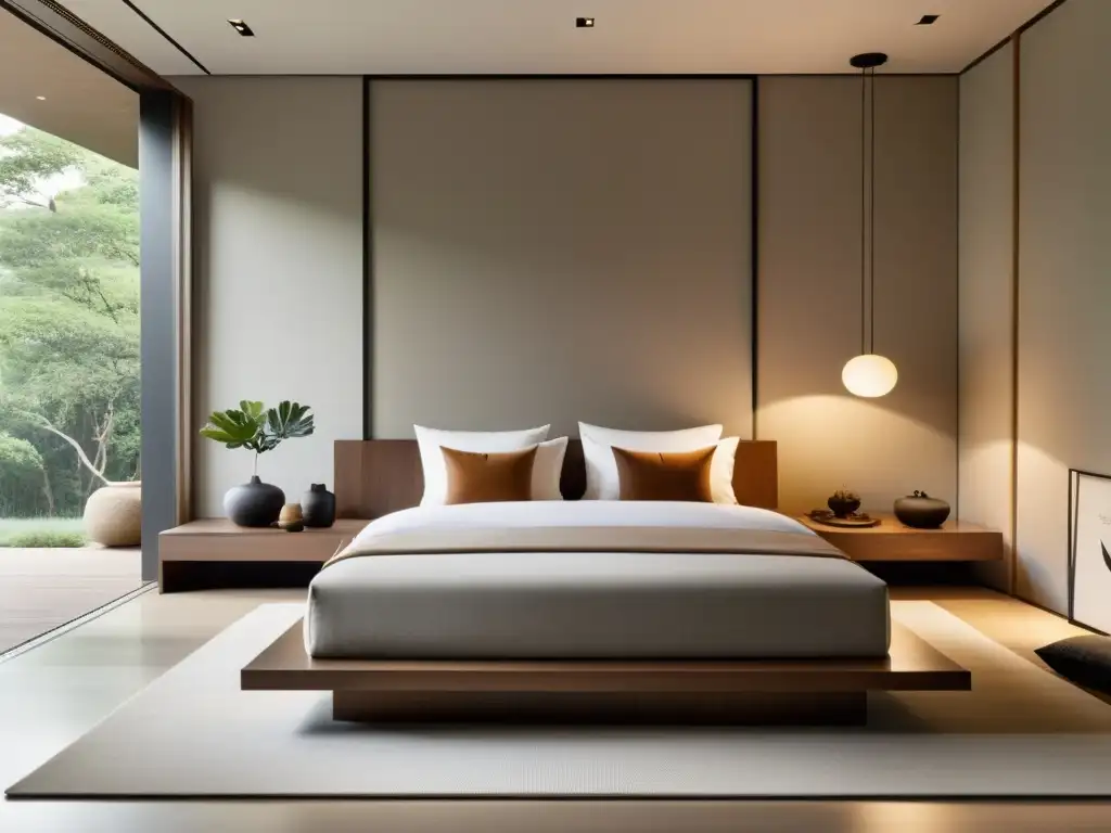 Contenido visual armonioso Feng Shui: Dormitorio sereno con tonos suaves, luz natural y decoración cuidadosamente seleccionada