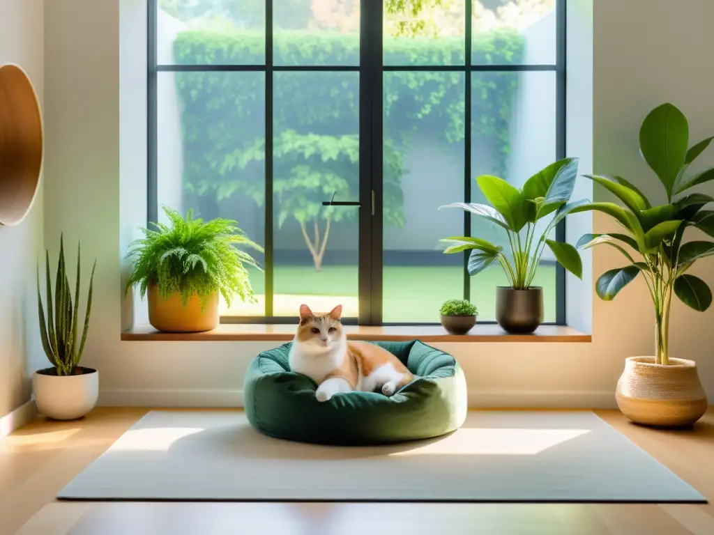 Convivencia armónica mascotas feng shui: Salón minimalista con gato relajado en ventana, decoración equilibrada y plantas verdes