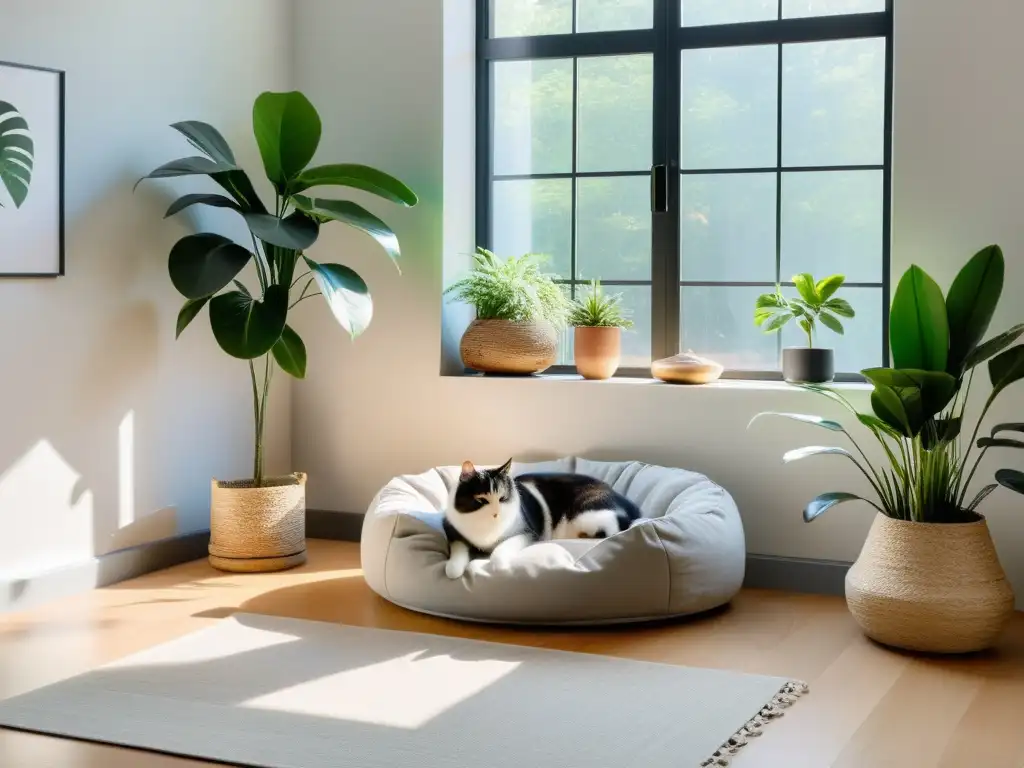 Convivencia armónica mascotas feng shui: Sala minimalista con luz natural, plantas y cama para mascotas, promoviendo equilibrio y serenidad