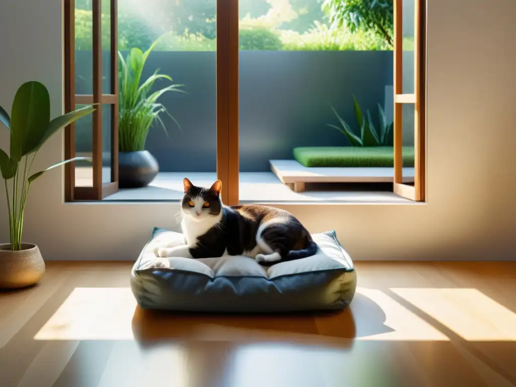 Convivencia armónica mascotas feng shui: sala minimalista con ventana y mascotas en armonía, bañada por cálidos rayos de sol