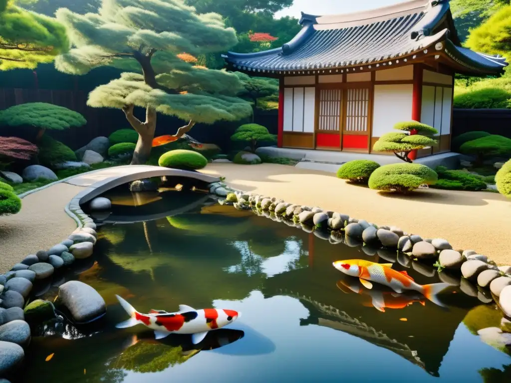 Un jardín coreano sereno con un estanque, koi y un pabellón de madera, refleja el impacto del Feng Shui en el paisajismo coreano