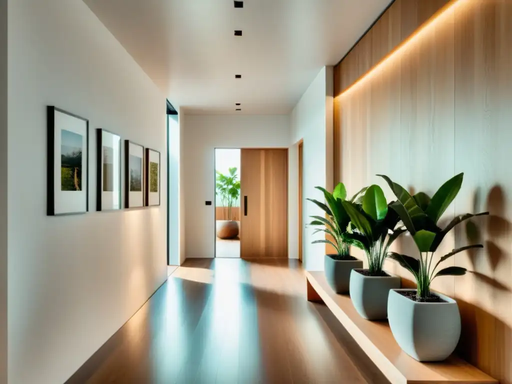 Corredor amplio con luz natural, arte simétrico y plantas, ideal para el flujo de energía y el Feng Shui en pasillos comerciales