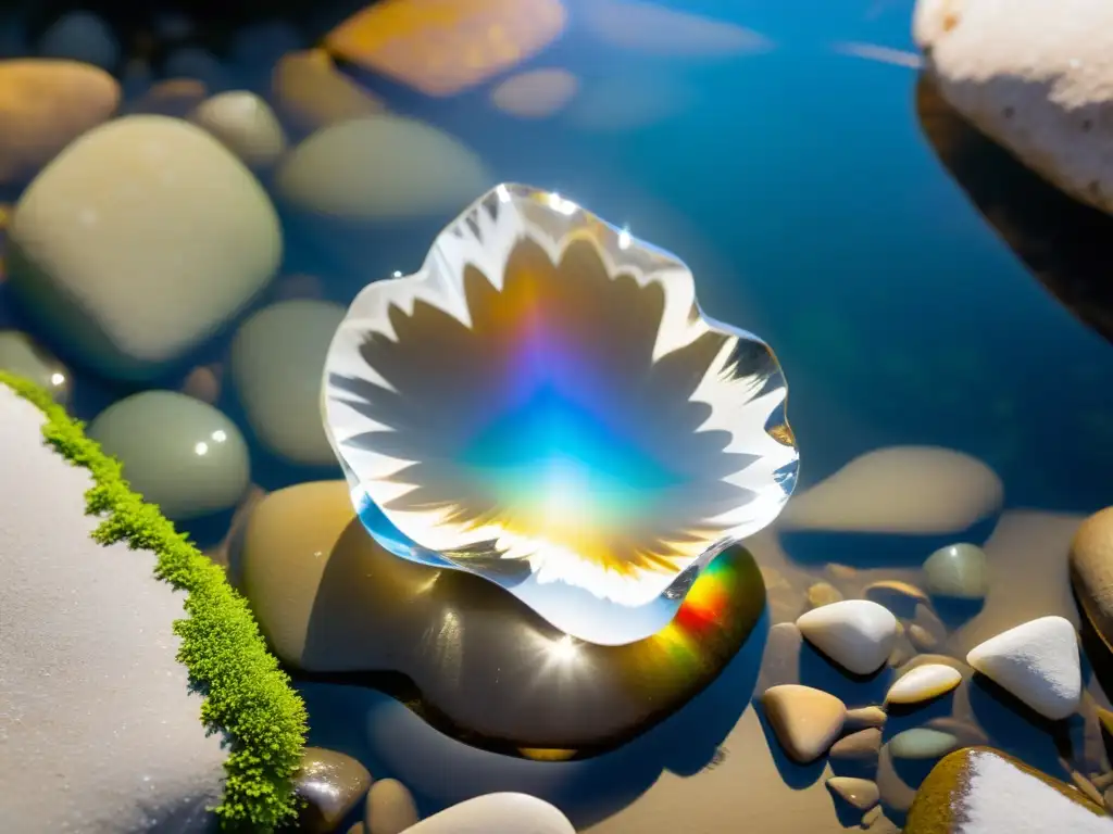 Un cristal de cuarzo blanco puro limpiándose en un arroyo de agua clara, reflejando la luz del sol y creando prismas de arco iris