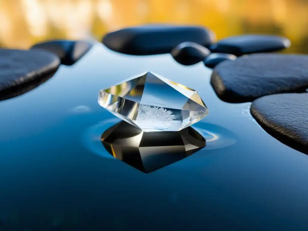 Un cristal de cuarzo claro sobre piedras negras, reflejando luz suave