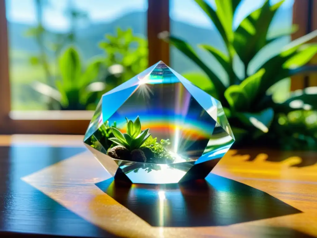 Un cristal de cuarzo sobre mesa de madera, bañado por la luz del sol y rodeado de plantas verdes