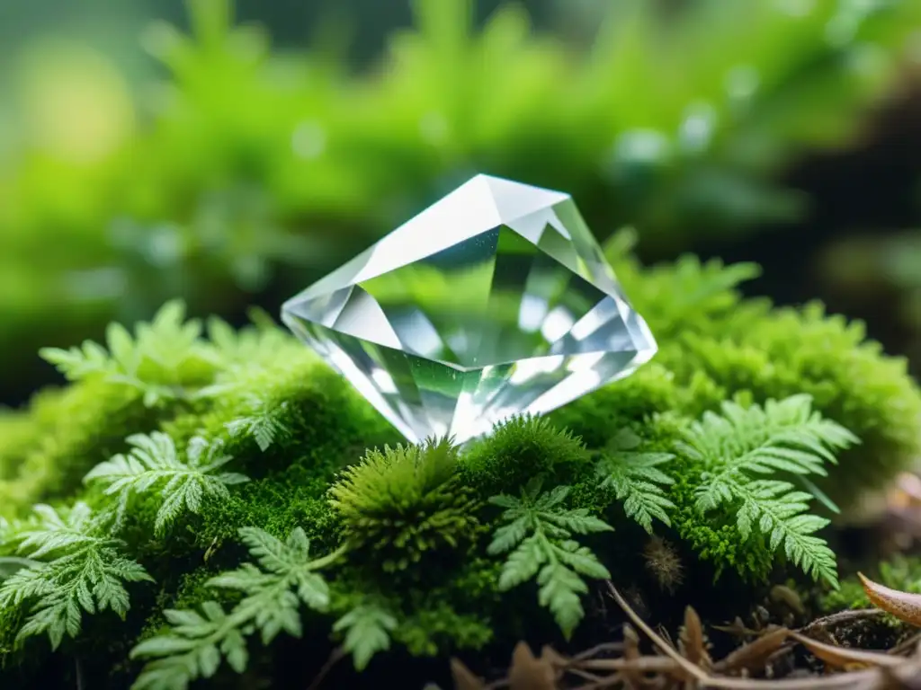 Un cristal de cuarzo reposa sobre musgo verde vibrante, bañado por la luz del sol