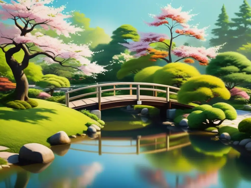 Cuadro Feng Shui: Jardín japonés sereno con puente, árboles de cerezo y luz suave, evocando calma y equilibrio