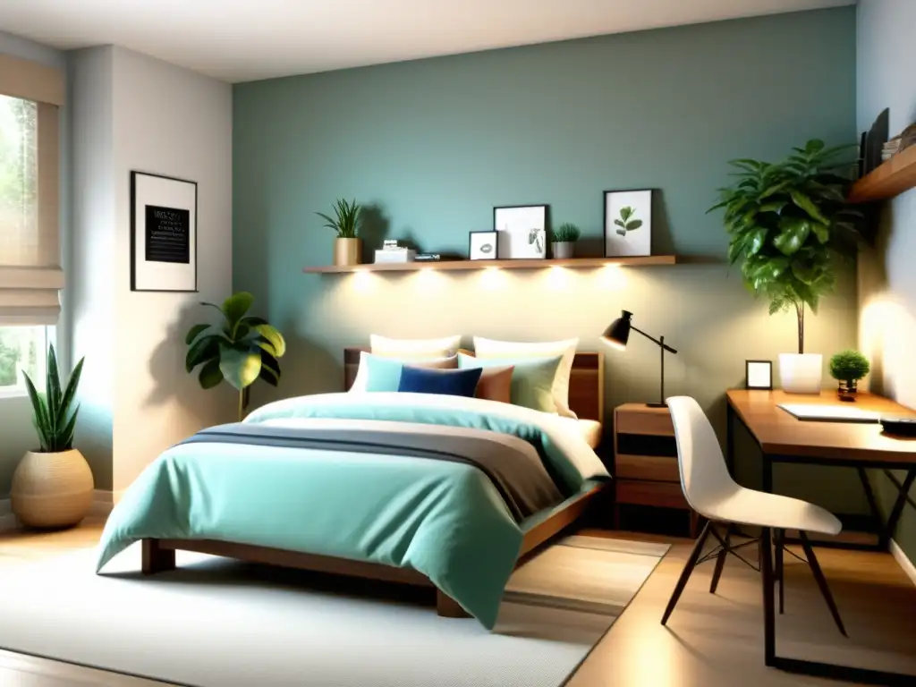 Feng shui cuarto juvenil armonización: un dormitorio sereno y organizado con diseño minimalista, iluminación suave y colores calmantes